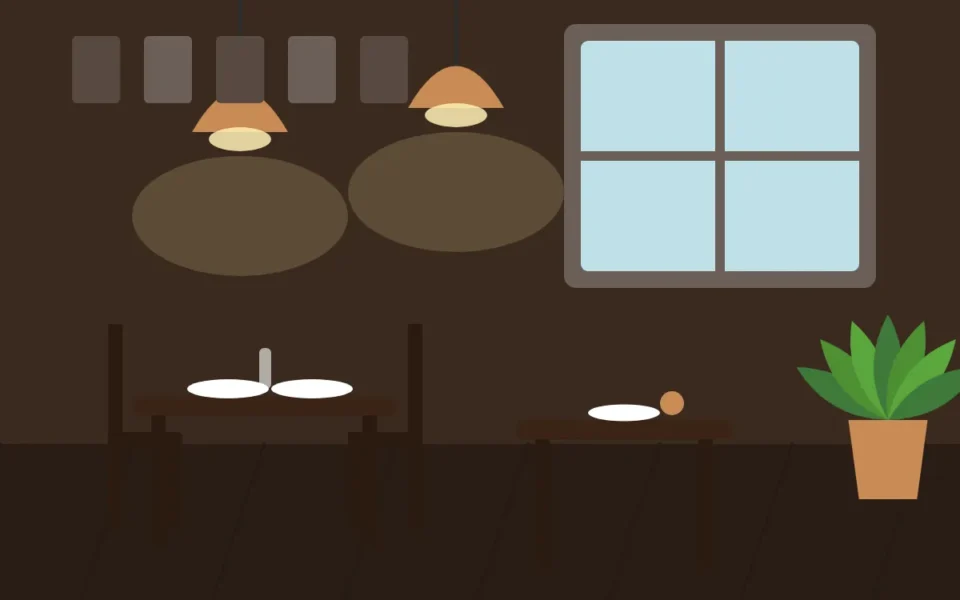 Ahşap masalar ve sarı ışıklı salon